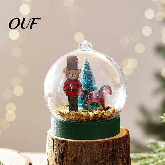 Christmas Tree Ornaments Crystal Ball Style Bear/Nutcracker Hanging Ornament, Transparent Spherical Gold Foil Embellishments Pendant with Miniature
