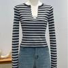 A High-end Striped Long-sleeved Knitted Sweater for Women's Autumn Fashion, with A Slimming and Form-fitting Look. Two Unique Waist-hugging Tops