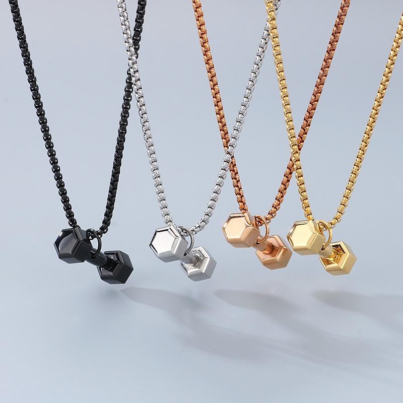 Gold Color Stainless Steel Barbell Pendant Necklace for Men Women Sports Souvenir Gift Square Pearl Chain Charm Trendy Jewelry