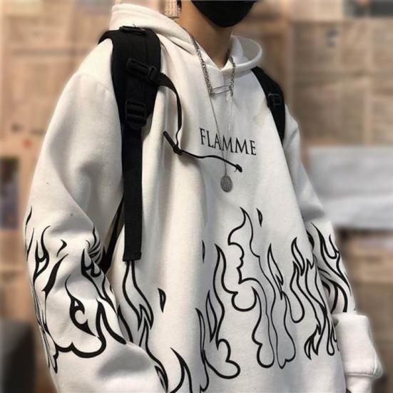 Мужское осеннее худи с принтом пламени, капюшоном, длинными рукавами, мягкое, теплое, свободного кроя, в стиле хип-хоп, зимнее худи для школы