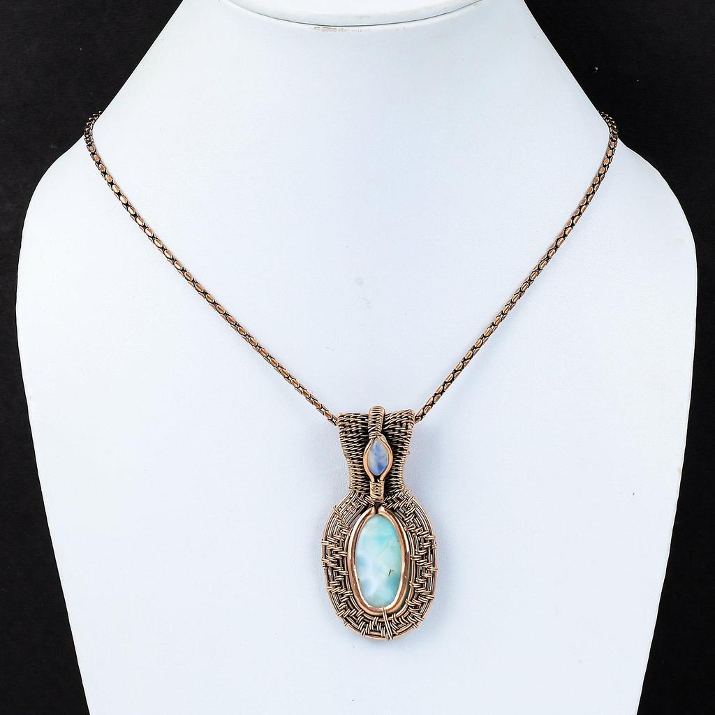 Larimar & Moonstone Gemstone Handmade Pure Copper Wire Wrap Jewelry Pendant For Women