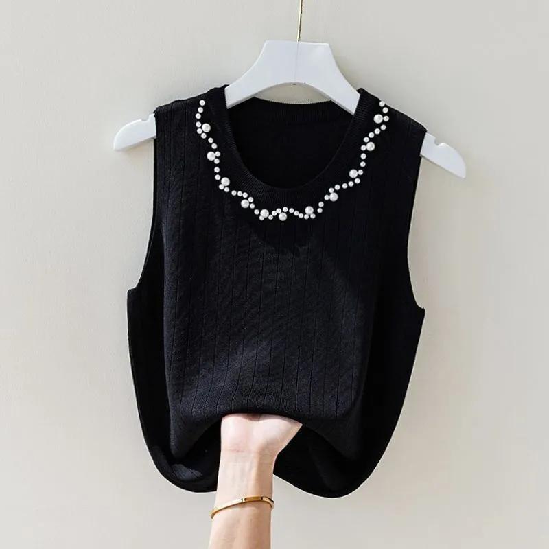 WTEMPO Pearls Decoration Ice Silk Loose Camisole Vests Women Spring Summer Sleeveless Inner Knitted Bottom Tops