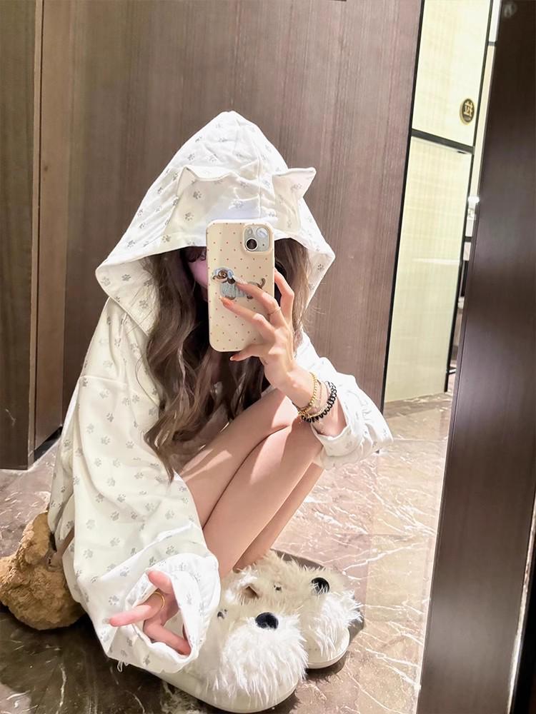 Женский милый кардиган с капюшоном и ушками котенка с принтом лапок собаки - Корейский сладкий и дерзкий стиль для весны/осени.