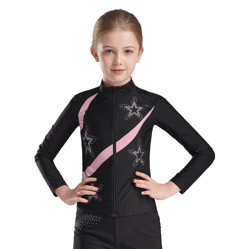 Girls Shiny Rhinestone Star Sports Top Contrast Color Long Sleeve Stand Collar Zipper Sweatshirt Gymnastics Wear