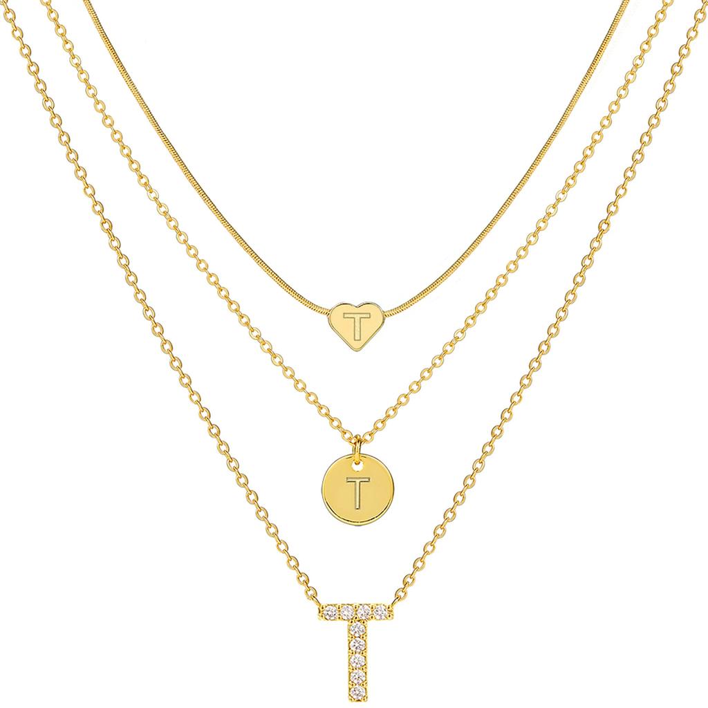 17KM 3 Pcs Plated Heart Initial Necklace Sets for Women Fashion Multilayer Letter Choker Necklaces Copper Metal Jewelry Gift