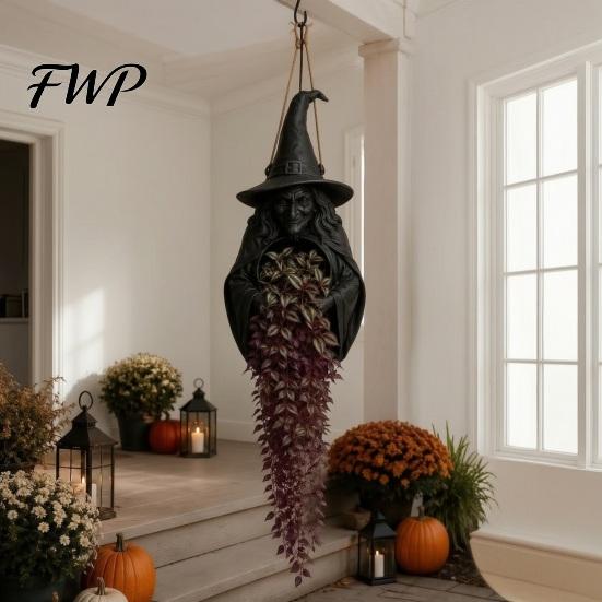 Mysterious Garden Hanging Planter Halloween for Indoor Outdoor Use, Gothic Bat Cat Witch Raven Decorative Flower Basket Plant Pot Holder, Spooky Wall