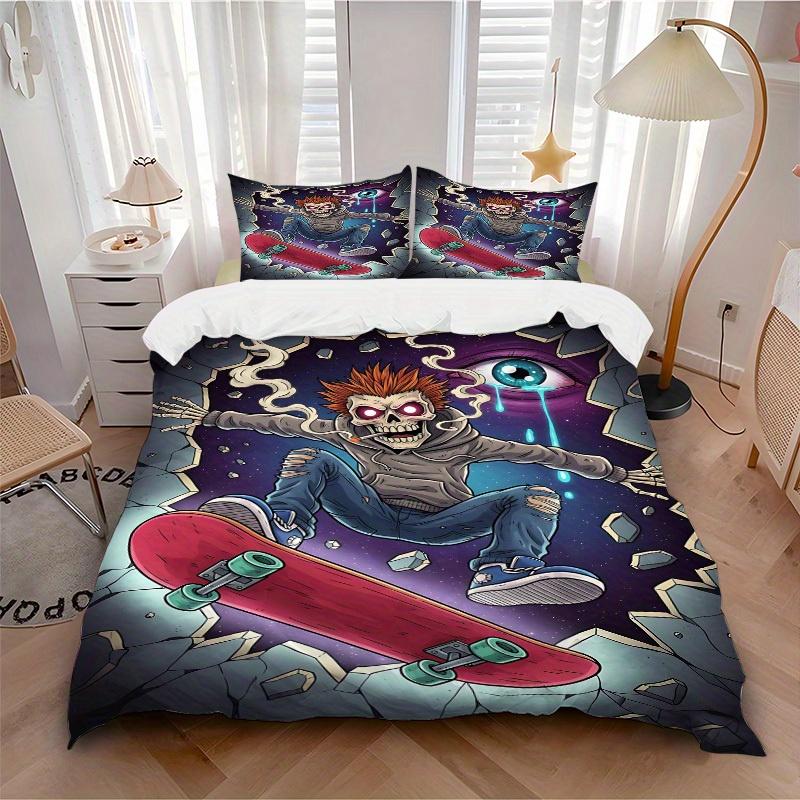 3pcs set Skateboarding Skeleton 1 Quilt Cover + 2 Pillowcases, All Seasons Bedroom Setting, Perfect for Home and Dorm Decor a196