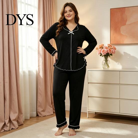 Уютная одежда для дома для женщин, Женский комплект пижамы большого размера, Лонгслив и брюки, Повседневная домашняя одежда с бантом, оборками, 2 предмета, Мягкая пижама, Одежда для сна