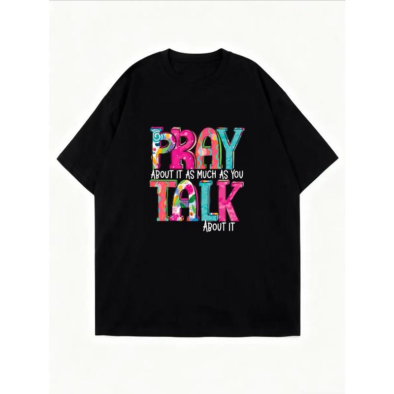 Белая футболка с коротким рукавом с ярким текстовым принтом "Pray Talk About It" для повседневной носки