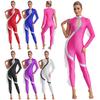 Womens Metallic Color Block Jumpsuit Mock Neck Shiny Rhinestones Full Body Leotard Performance Dancewear