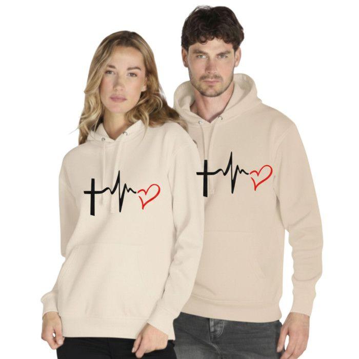 Sweat Capuche - NPZ - Saint-Valentin - Design Battement de Cœur - Poche Kangourou - Beige