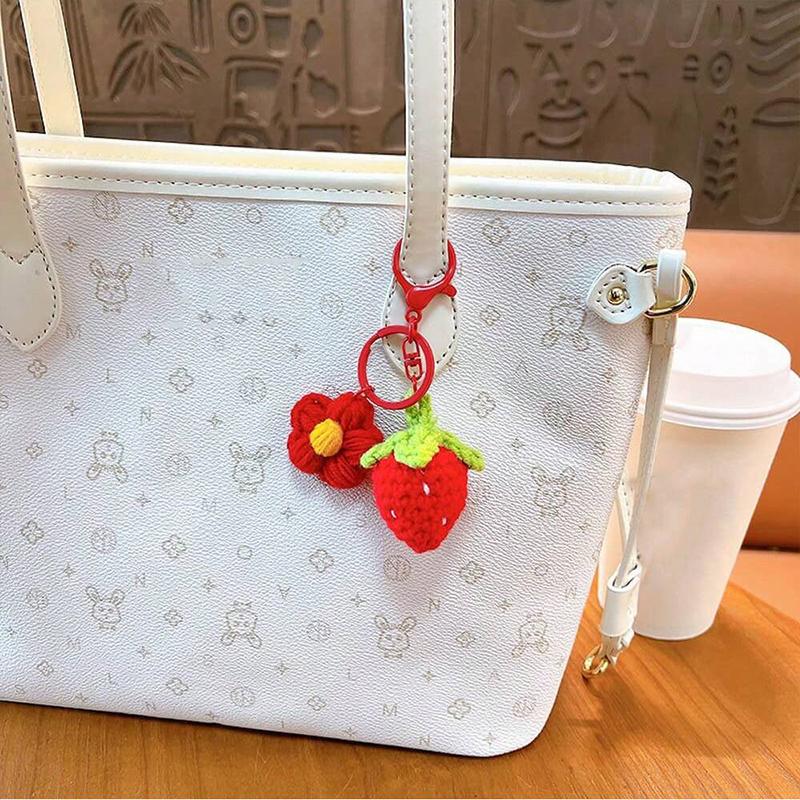 Cute Hand Woven Woolen Strawberry Flower Car Key Jewelry Pendant Women's Bag Decoration for Girls Gift Bag Charm