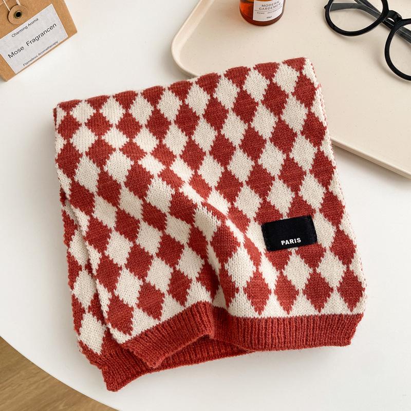 Blue Checkerboard Wool Small Scarf Female Winter Warm Versatile Student Couple Short Scarf
