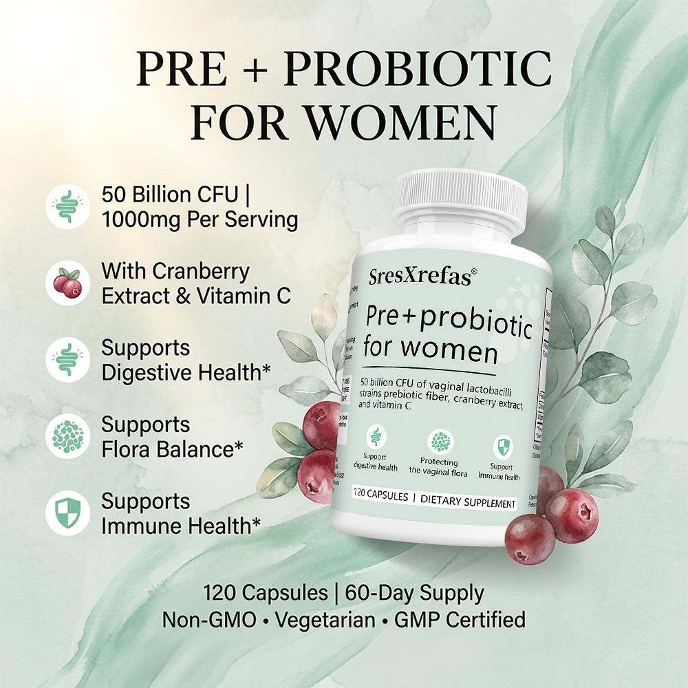 Women'S Probiotic Blend Supplement, With Prebiotic Fiber, Cranberry Extract, 120 Capsules