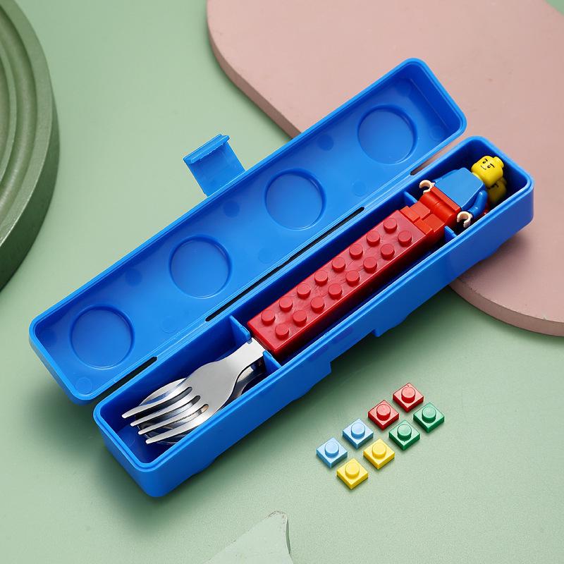 Children's Portable 304 Stainless Steel Tableware Set: Cartoon Building Block Lunch Box with Spoon & Fork.