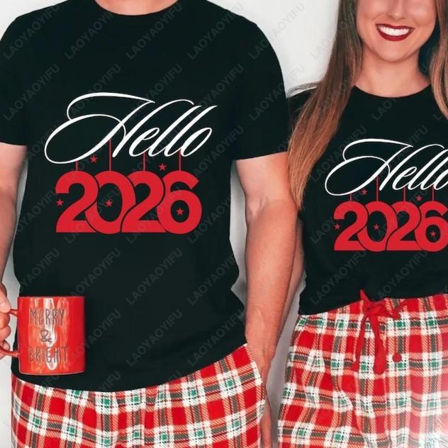 Hello 2026 New Years Eve Matching Unisex Adult Cotton Tee Festival Graphic Simple Style Regular Short Sleeve Lovers Clothes