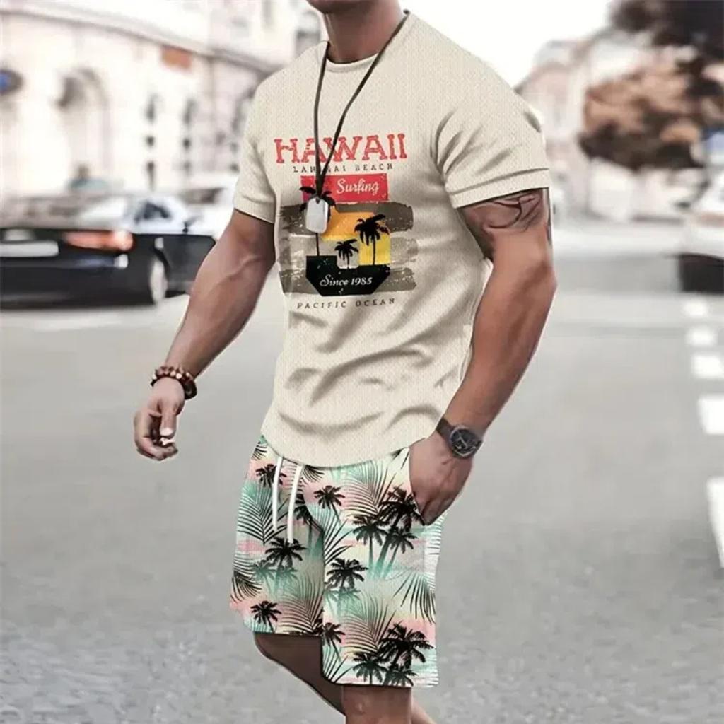 Летняя мода, футболка, шорты, комплект, темпераментный уличный мужской s, свободный топ с 3D короткими рукавами и градиентным кокосовым принтом, стиль