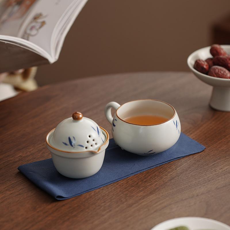 Ru kiln travel tea set outdoor portable tea coffee cup tea separation one person drinking teapot creative simple gift