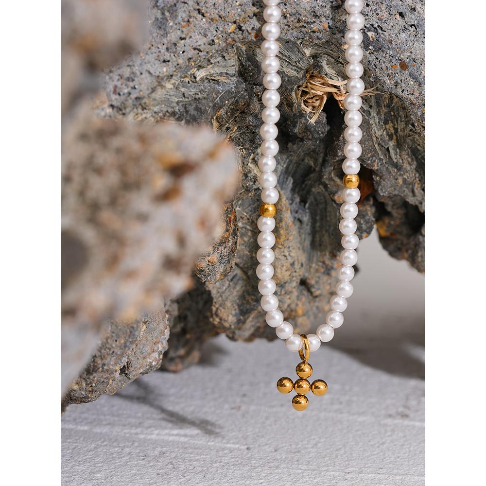 Yhpup Elegant Imitation Pearl Bead Handmade Chain Stainless Steel Chic Golden Pendant Fashion Necklace Collar Jewelry Women Gift