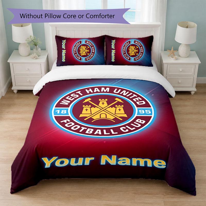 West Ham United FC Custom Name Text Bedding Set 1 Duvet Cover+2 Pillowcases Soccer Logo Personalized Gift For Special Occasion Bedroom Decor