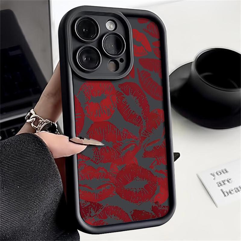 Модный мягкий чехол для телефона с принтом красных губ TPU для iPhone 16 Pro Max 15 Plus 14 Pro 13 12 11 XR XS 8 7, защита объектива, противоударный матовый бампер