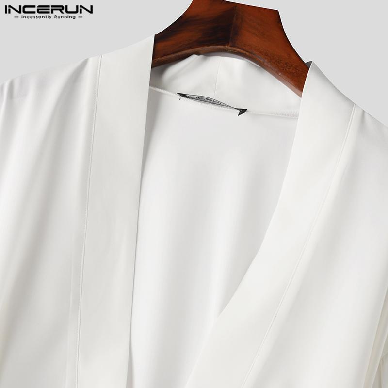 INCERUN Большие размеры Мужские рубашки с глубоким V-образным вырезом, длинными рукавами-фонариками, слегка прозрачными слоями, топы с перекрестными застежками спереди