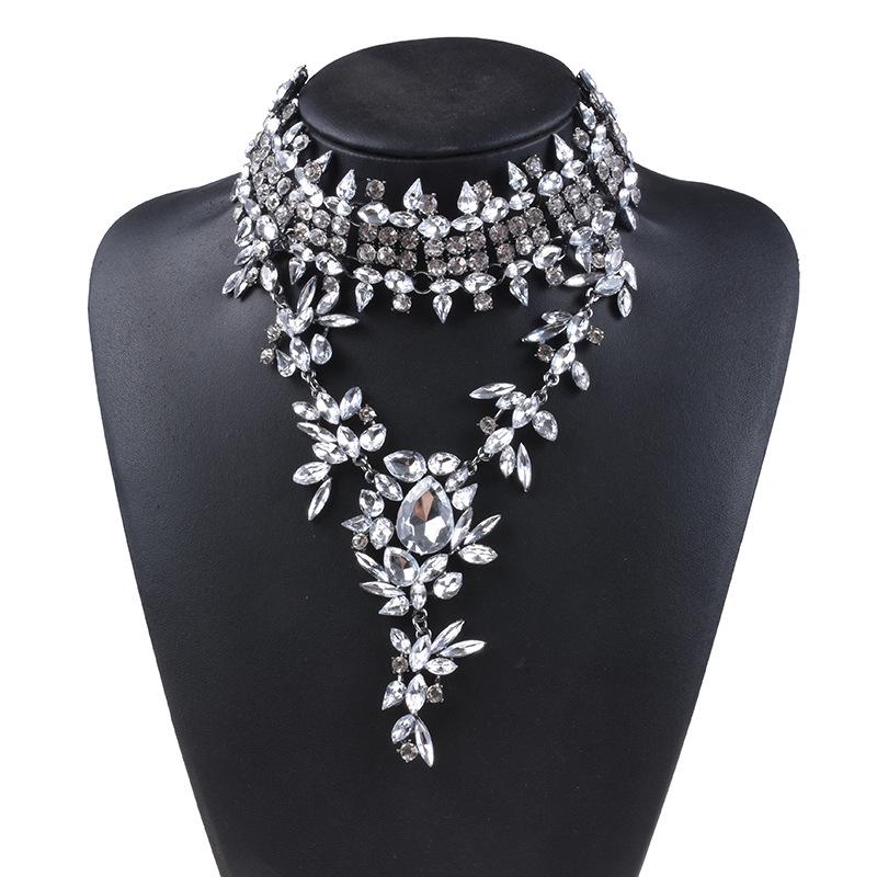 Full Rhinestone Water Drop Pendant Necklace, Exaggerated Collarbone Chain Clothing Accessory For Women