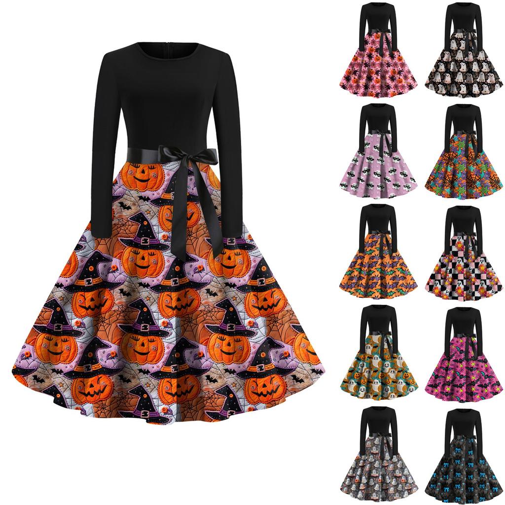 Women's Halloween Printed Round Neck Long Sleeved Dress With A Large Swing  Slim Fit Dress