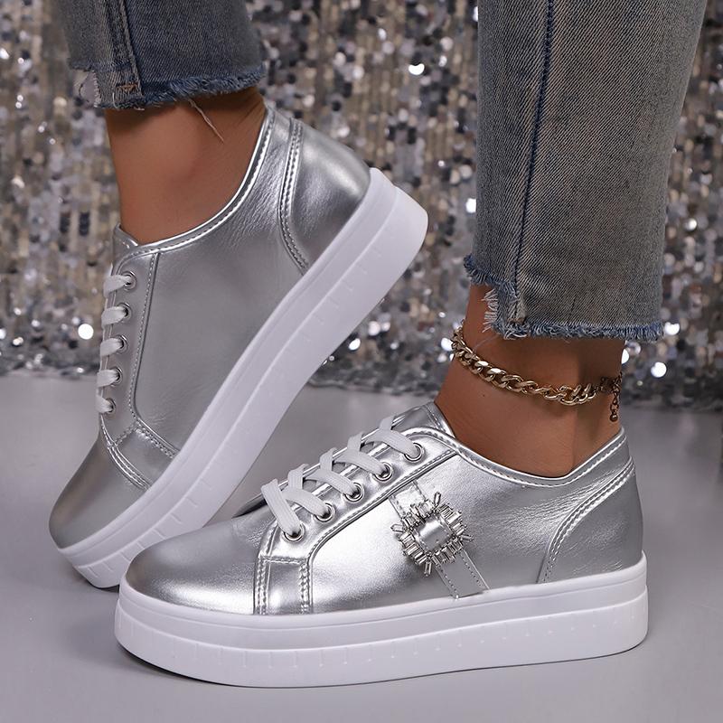 Женские модные кроссовки Золотые Серебряные Низкие Повседневные Спортивные Туфли Женские Металлический Декор Удобные Нескользящие Туфли для Ходьбы Большой Размер