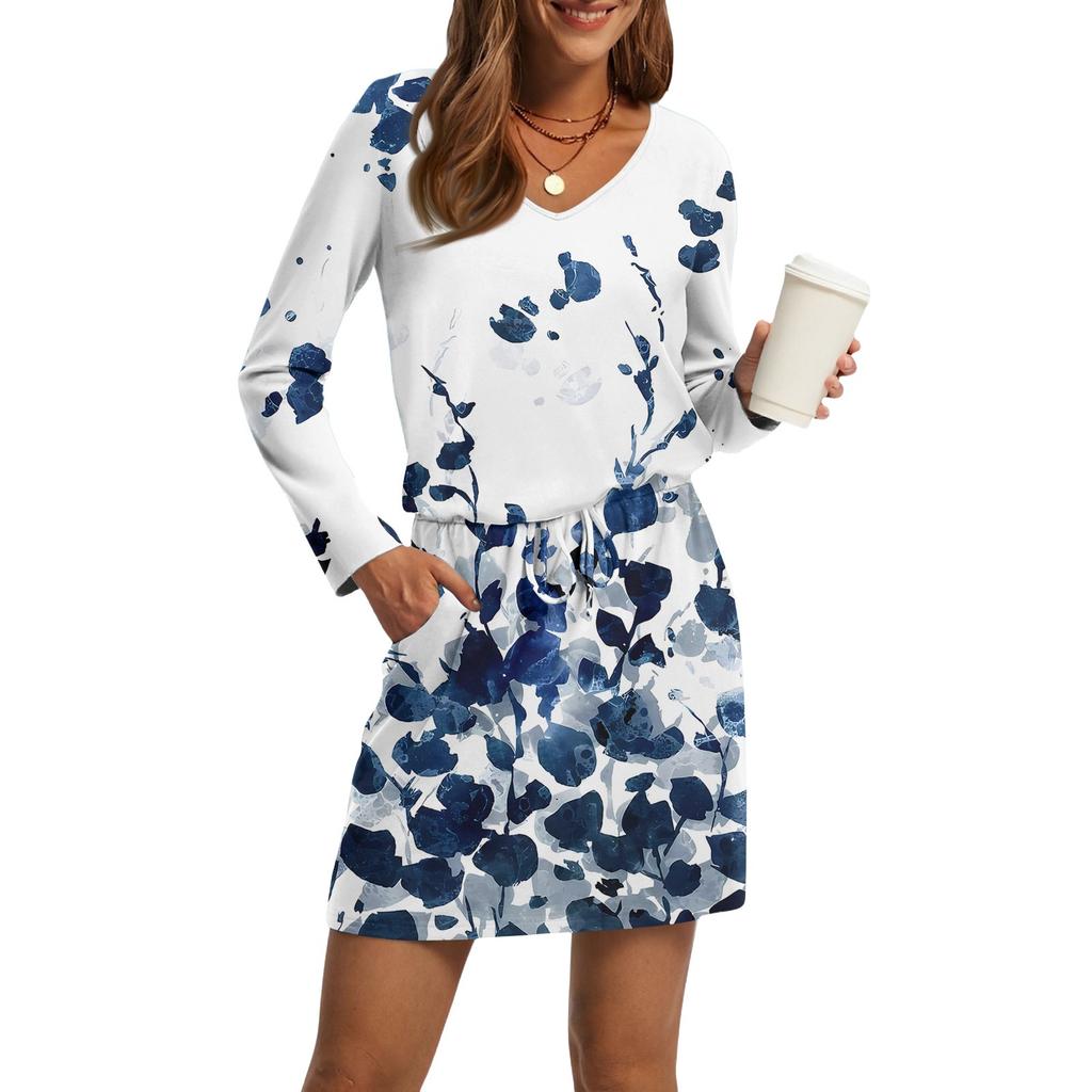 Women's Fashion V-Neck Long Sleeve Drawstring With Pocket Floral Print Casual Dresses