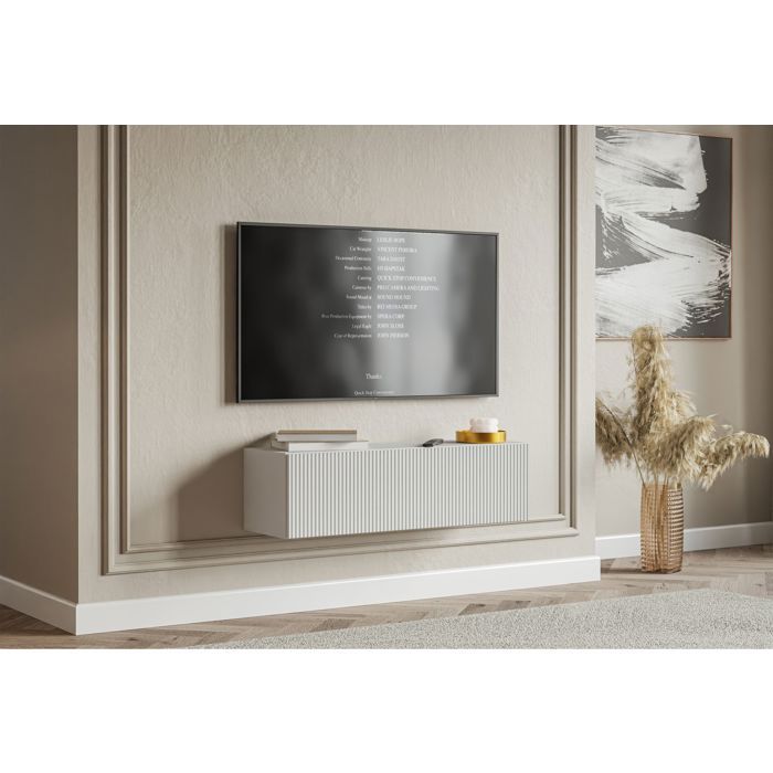 Meuble TV mural avec façades à lamelles rainurées – VELDIO – 100 cm – blanc