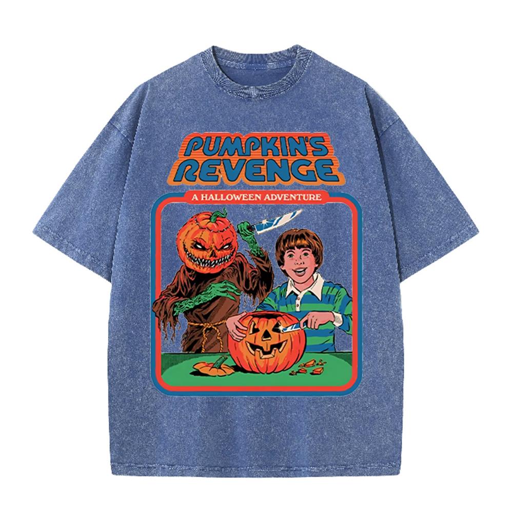 2026 Vintage Washed Beige Pumpkins Revenge Halloween Retro Comic Graphic T Shirt Horror Cartoon Oversized Casual Short Sleeve T
