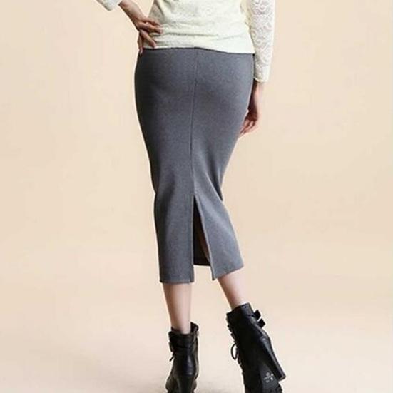 Women Midi Skirt Mid-rise Back Split Design Solid Color Knitting Skirt Hip Wrapped Office Lady Skirt