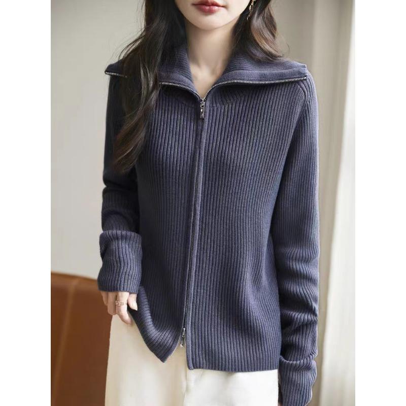 Double Zipper Lapel Knitted Cardigan Women's Spring and Autumn New Loose Versatile Thin Sweater Jacket Casual Outside
