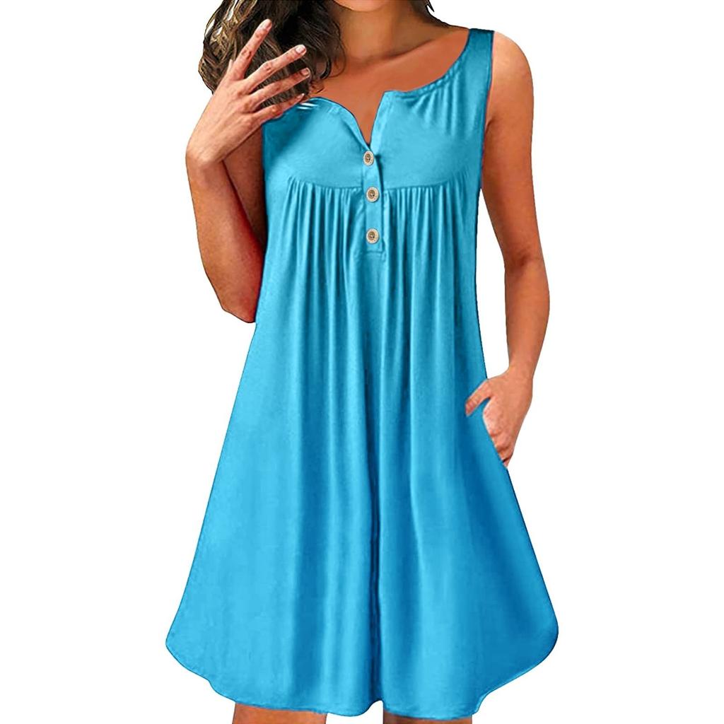 Женское модное повседневное платье с v-образным вырезом без рукавов, однотонный жилет на пуговицах, пляжная юбка