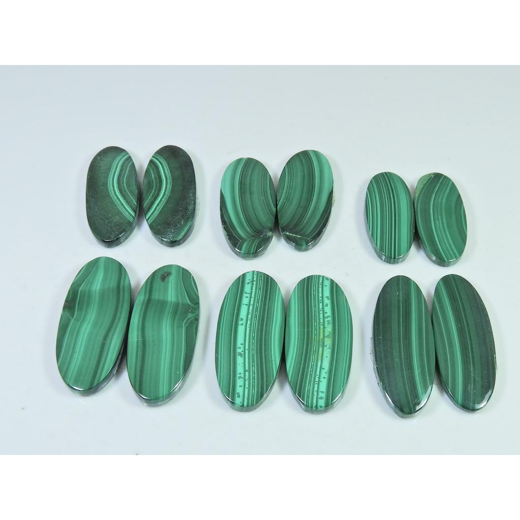 304 карата. Натуральный малахит, парный, овальный кабошон, рассыпной драгоценный камень, лот из 6 пар C-860