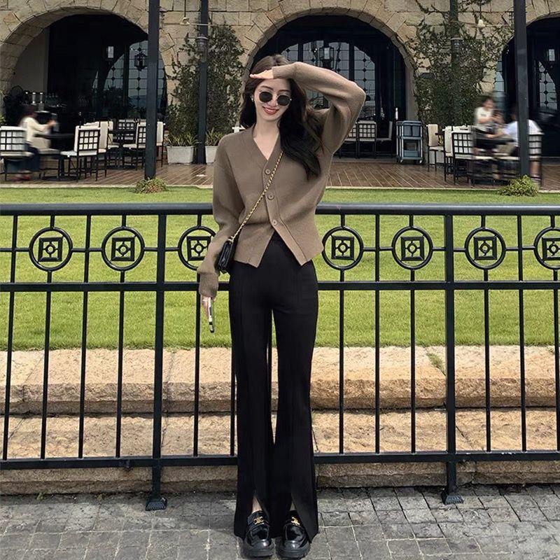 V-neck Sweater Cardigan Outerwear Women Short Spring High-end Waistband Chic Top V Neck Long Sleeve Knitted Cardigan Female