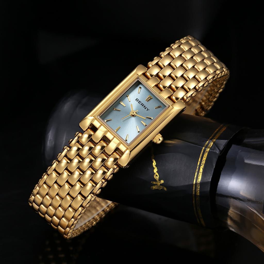 BERNY Gold Watch for Women Square Ice Blue Dial Fashion Casual Women Watches Stainless Steel Luxury Ladies Quartz Wristwatches