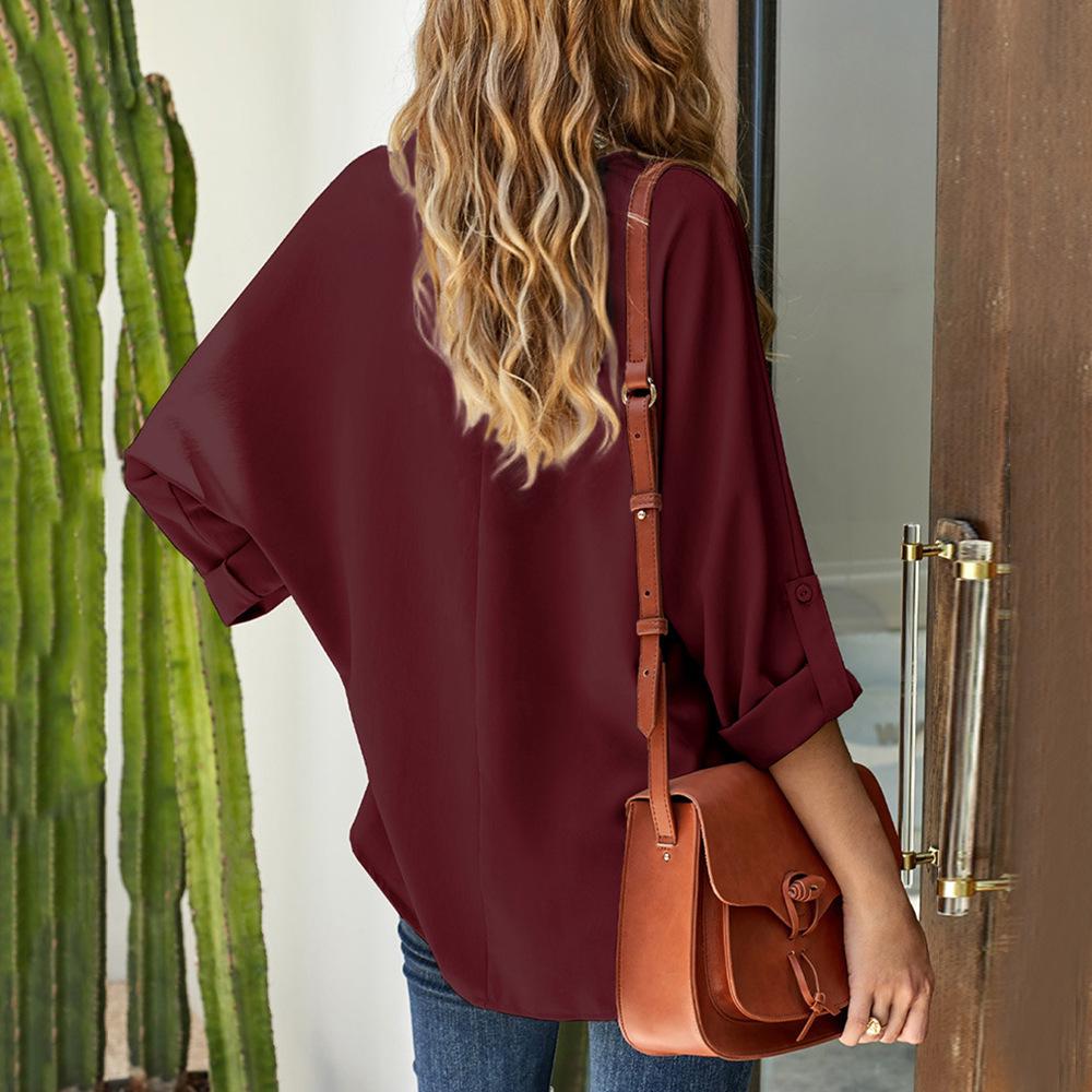 2023 Женская рубашка большого размера свободного кроя с V-образным вырезом и длинным рукавом JR921