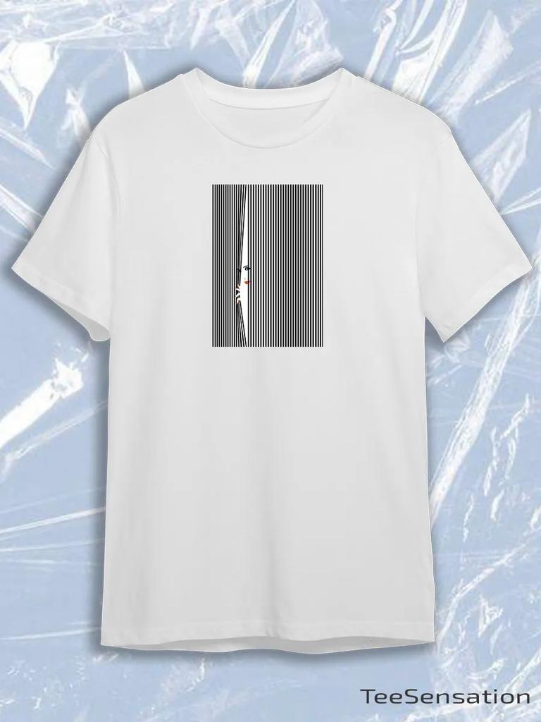 TeeSensation White Crew Neck Short Sleeve T-Shirt with Optical Illusion Woman Face Stripes Print