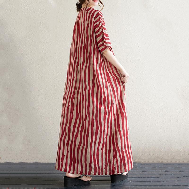 Новое хлопковое винтажное платье в полоску с коротким рукавом больших размеров для женщин, повседневное свободное длинное летнее платье