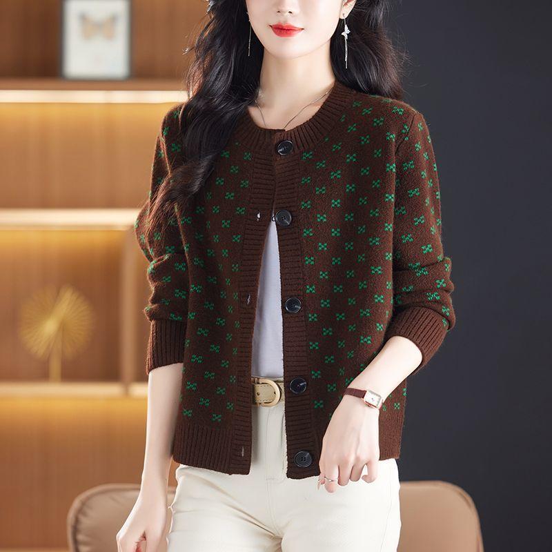 Весна и осень Новый кардиган с круглым вырезом и пуговицами Жаккардовый вязаный кардиган Пальто Свободный свитер Пальто