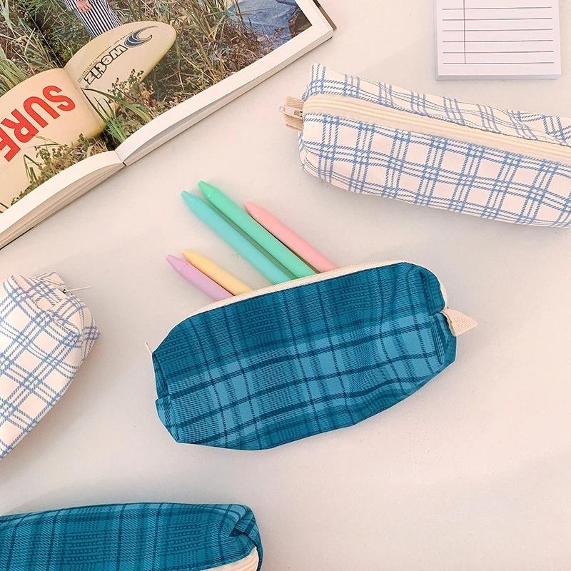 1pcs Student Zipper Pencil Bags Large Capacity Canvas Simplicity Checkered School Stationery Boxes Pencil Case Stationery Bag