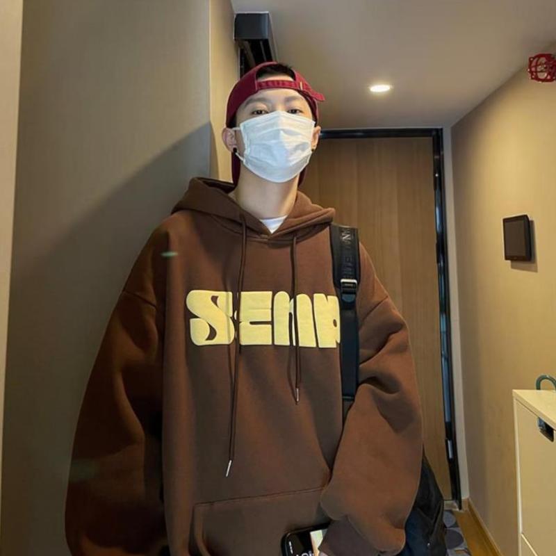 Hooded Sweatshirt Men's Monogram Print Casual Hoodie Teen Trend Sporty Loose