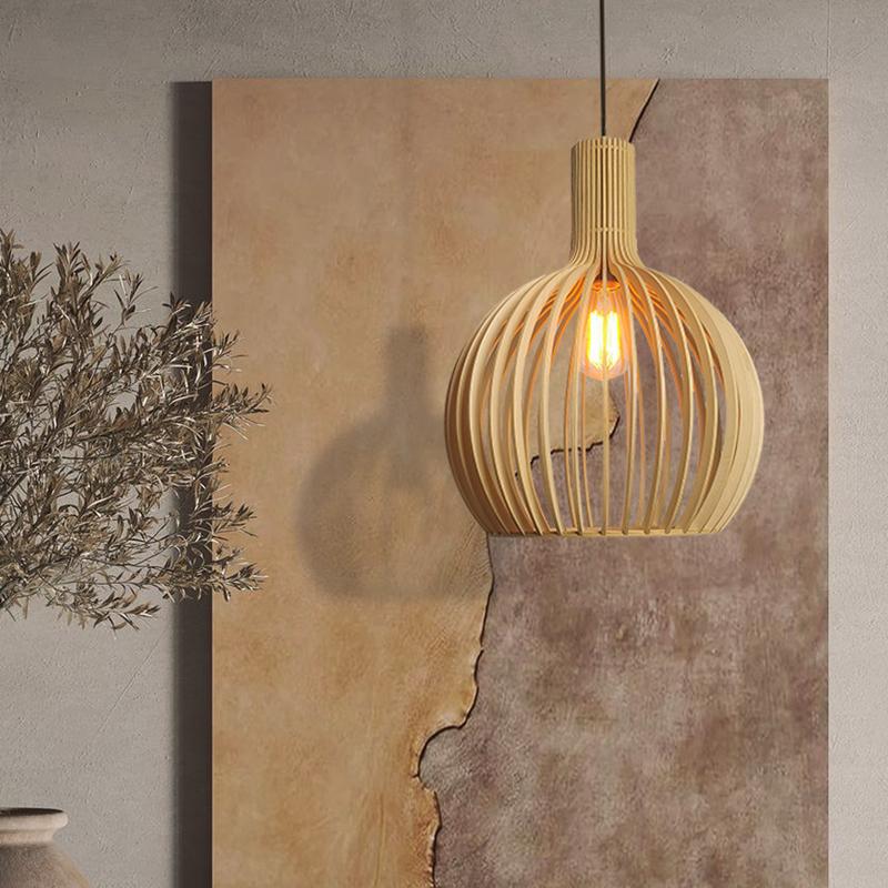 Pendant Lamp Kitchen Island Chandeliers Wood Bird Cage Lamp Wooden Hanging Light for Living Room Indoor Lustre Home Decoration