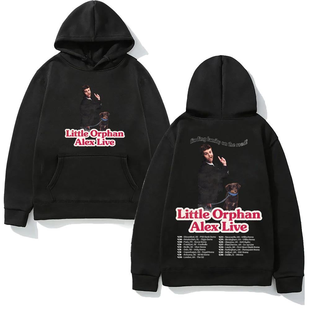 Road-family Men Hoodie, Artist Puppy Portrait & Live Tour Text Front and Back Print, Cozy Fleece Sweatshirt for Outdoor Sessions