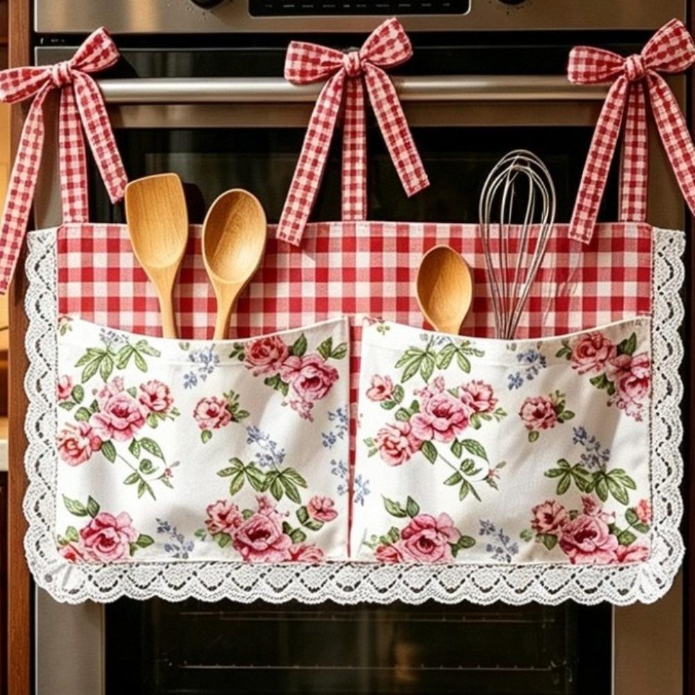 Strap Style Kitchen Oven Storage Curtain Vintage Floral Pattern Storage Pockets Bedroom