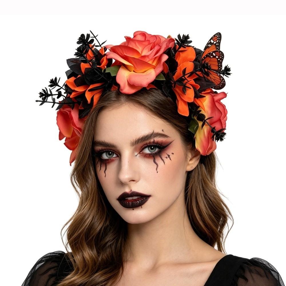 Realistic Halloween Rose Flower Crown with Butterfly Costume Floral Head Wear Costume