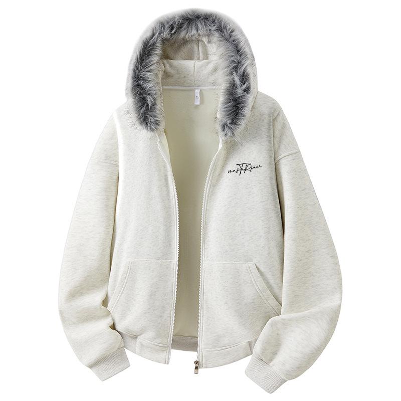 Retro Loose Fit Hoodie with Fur Collar - Unisex Fleece Outerwear for Autumn and Winter