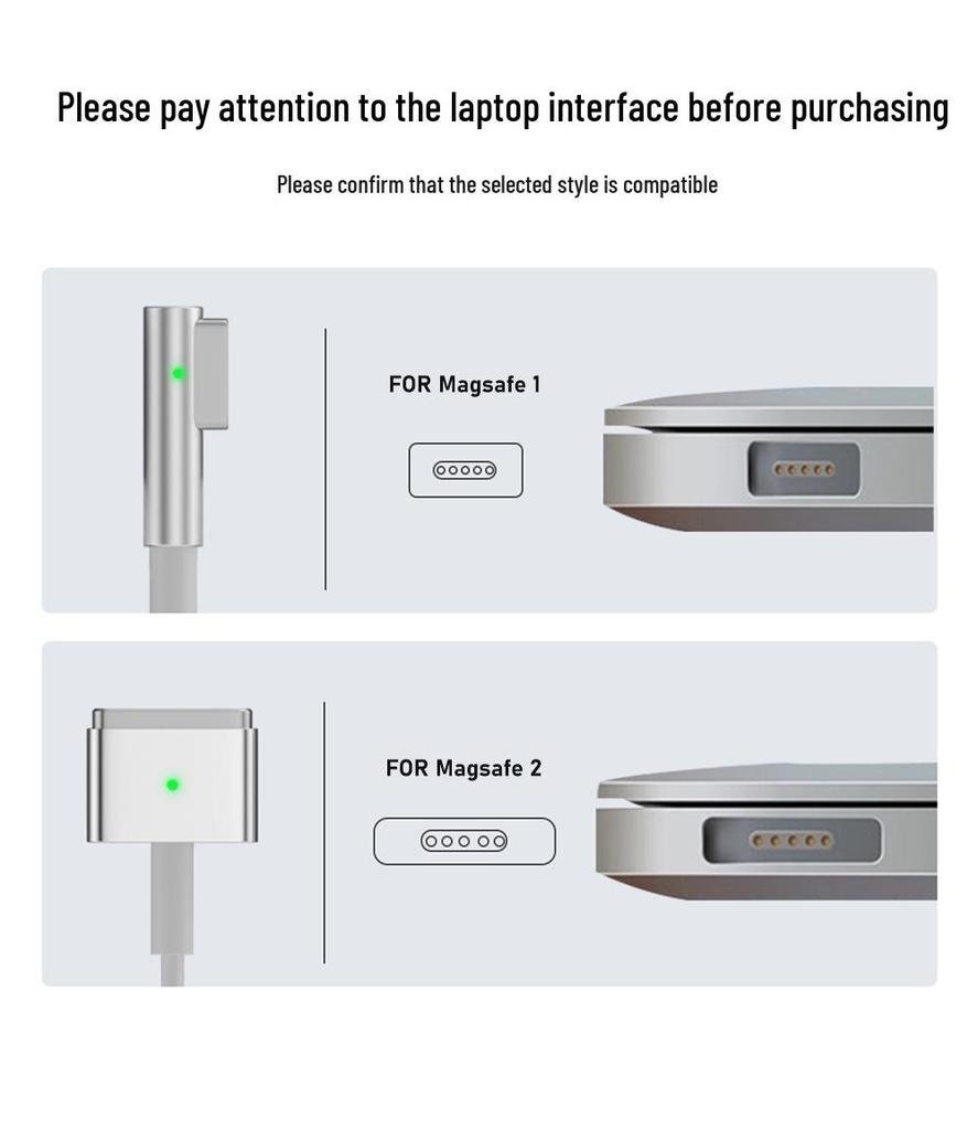 65W USB-C to MagSafe 1/2 Magnetic Charging Cable for Apple Laptops